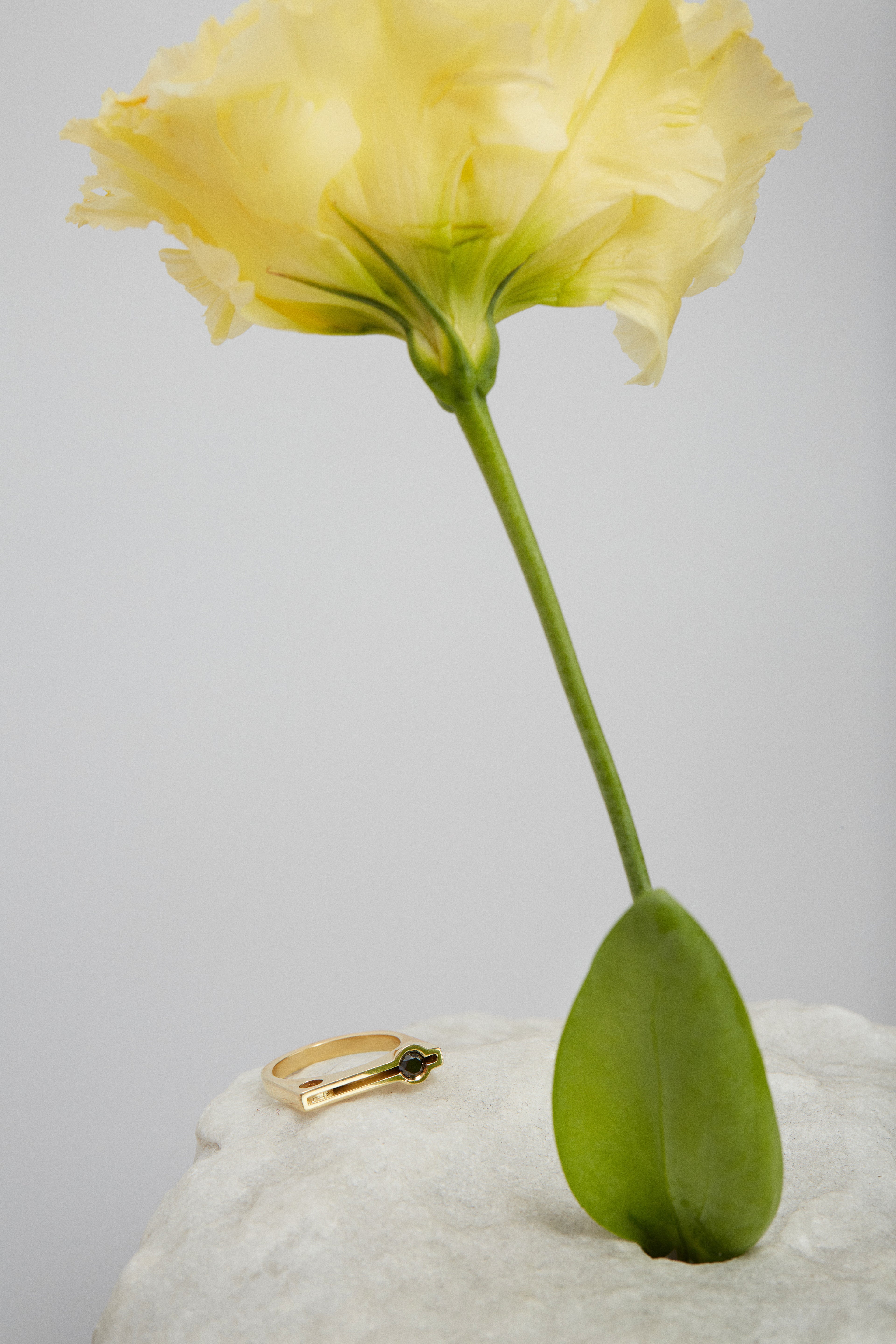 טבעת זהב צהוב בעיצוב גיאומטרי עם יהלום שחור בצד