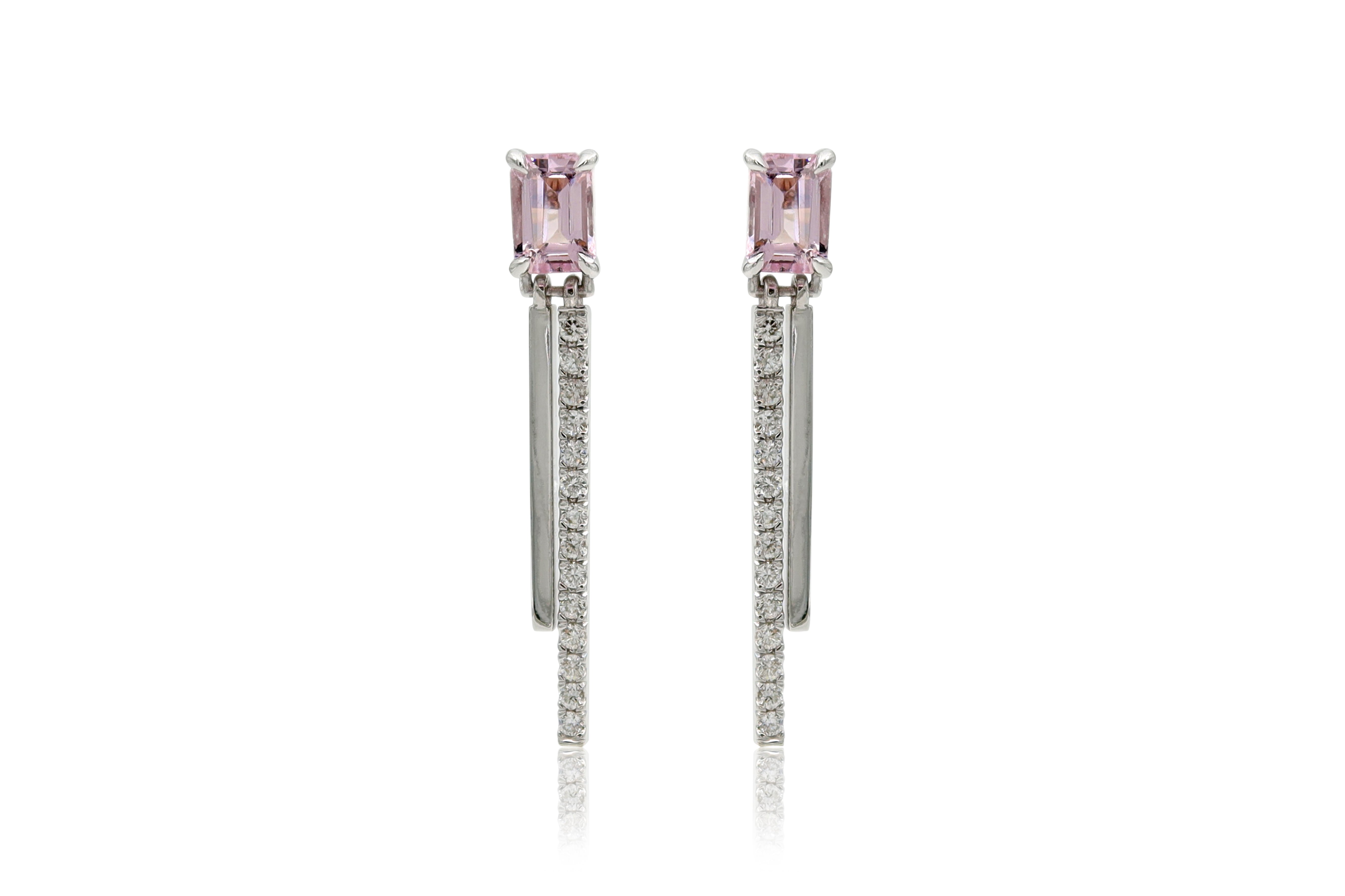 עגילים נופלים מזהב לבן עם אבן ורודה (מורגנייט) ויהלומים